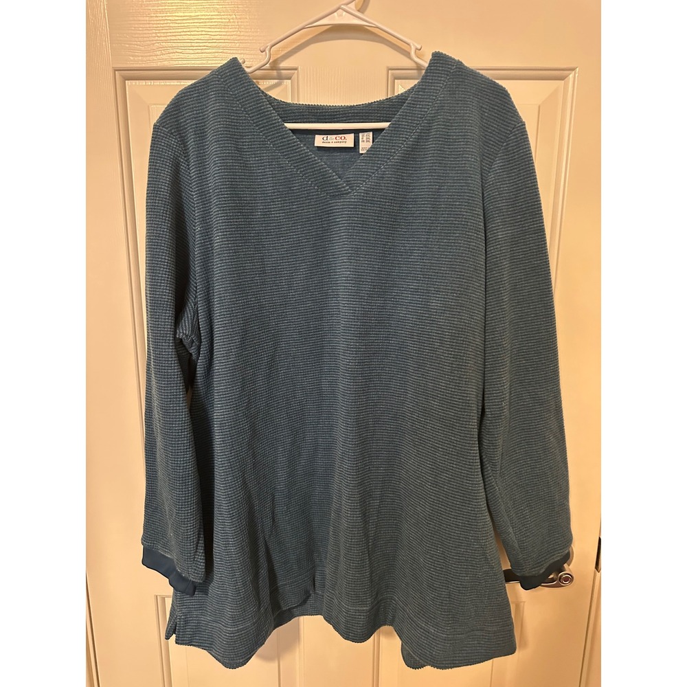 Denim & Co. Top Women 2X Teal Blue Waffle Knit V-Neck Long Sleeve Tunic Relaxed